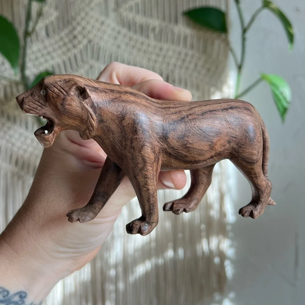 Vintage Hand-Carved Wooden Tiger Figurine Teak Jungle Cat Sculpture Safari Decor